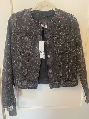 Zara Black Speckled silver stud detail Cropped Denim Jacket
